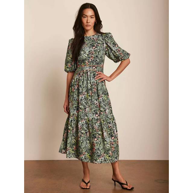 Mint Velvet Floral Puff Sleeve Midi Dress, Green/Multi