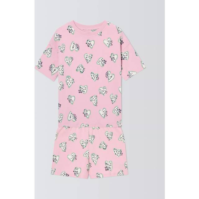John Lewis Kids' Leopard Print Heart Cotton Short Sleeve Pyjama Set, Pink