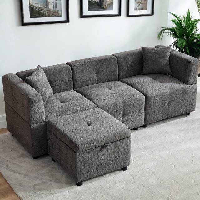 Beige Sectional Sofa Couch With Removable Storage Ottoman L-Shaped Sofa With 2 Pillows - Gray (69cm H X 204cm W X 126cm D)