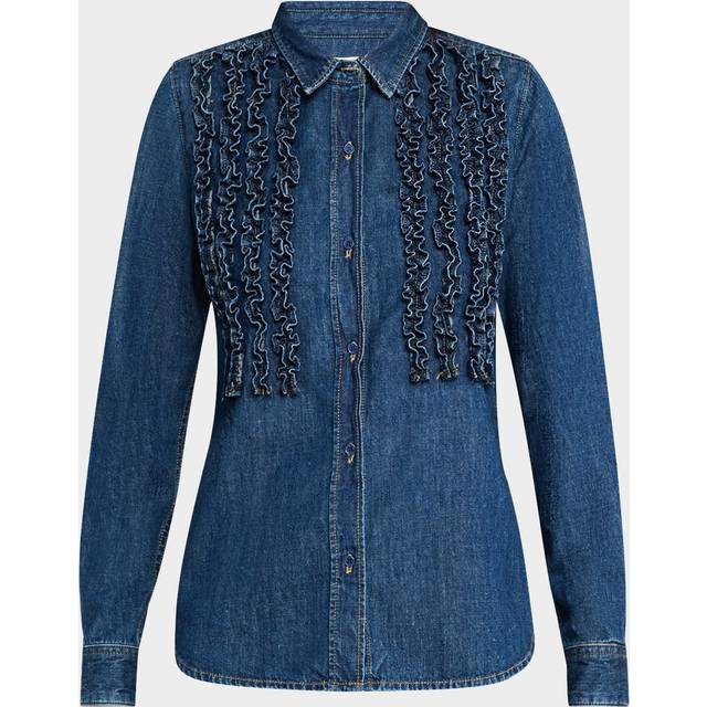 Lexa Ruffle Denim Button-Down Shirt - CLASSIC WASH - X-Small