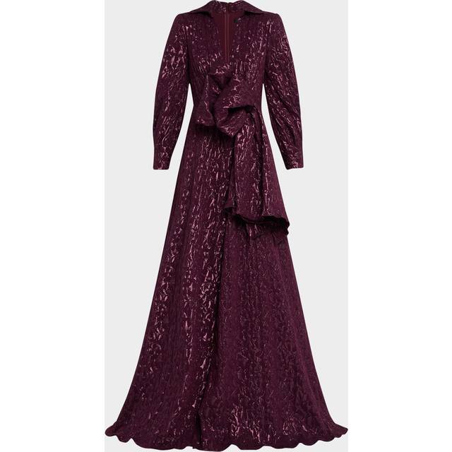 Deep V-Neck Metallic Jacquard Bow Gown - WINE - 0