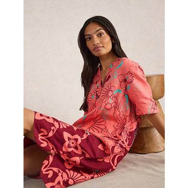 White Stuff June Pure Linen Dress, Red/Multi