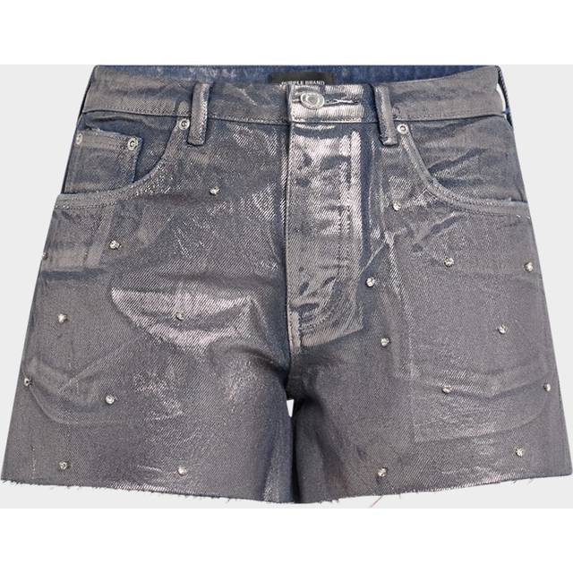 Foiled Denim Cut-Off Shorts with Rhinestones - DK INDIGO - 28