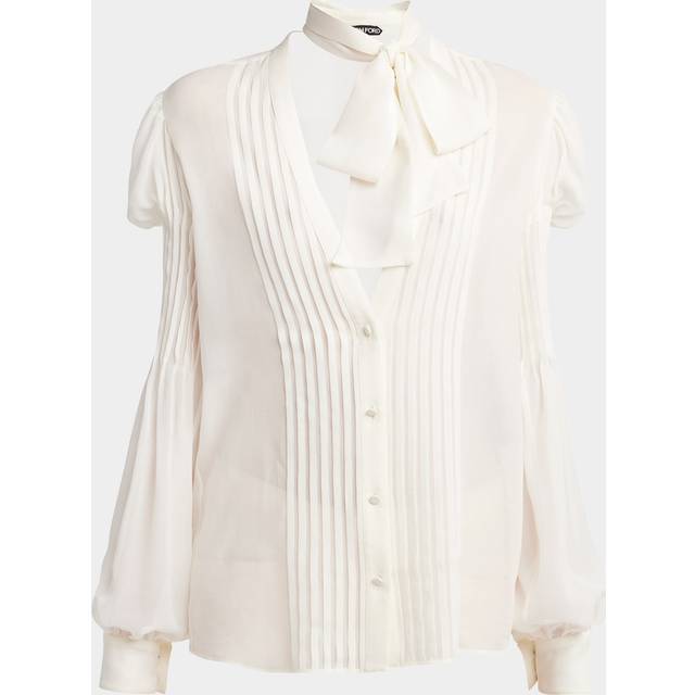Semi-Sheer Silk Blouse with Tie Neck - CREAM - 46 IT (12 US)