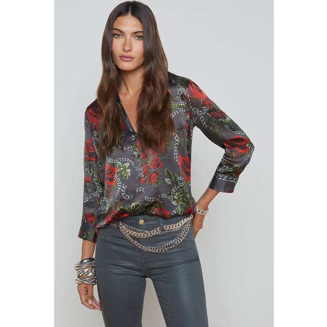 Dani Rose Chain Silk Blouse - DRK SHADOWRED CHAIN ROSES - Small