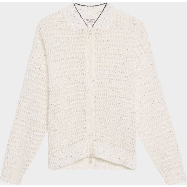 Linen Paillettes Openwork Net Stitched Cardigan - WHITE - Large