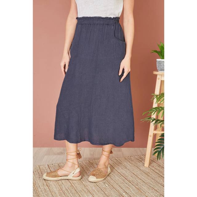 Yumi Womens Navy Italian Linen Midi Skirt With Pockets - Size Small