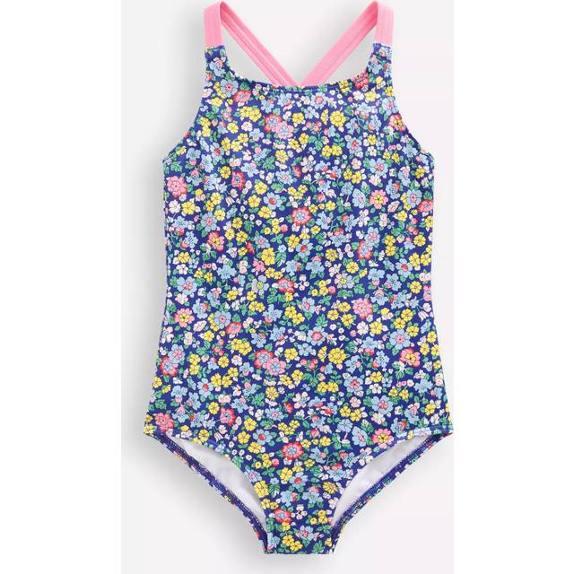 Mini Boden Kids' Cross Back Printed Swimsuit, Blue Nautical Floral