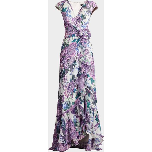 Floral-Print Ruffle Gown - WHITE PURPLE FLORAL - 6