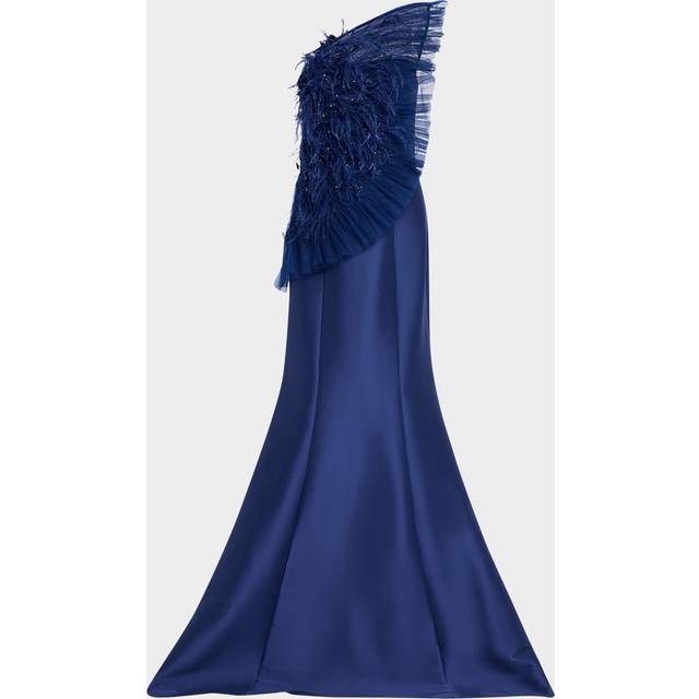 Strapless Feather Ruffle Trumpet Gown - NAVY - 8