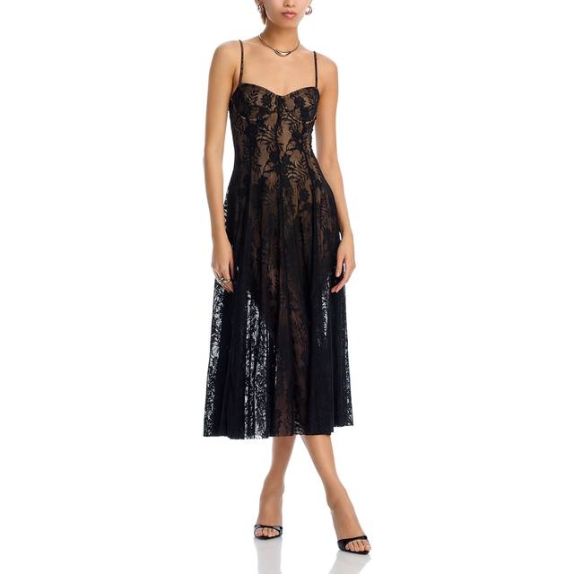 Norma Kamali Underwire Midcalf Dress With Bodysuit in Black Stretch Lace & Nude - Black. Size XS (also in L, M, S, XL). (XS)