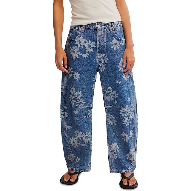 Free People Good Luck Printed Barrel Leg Jeans Laser Daisy