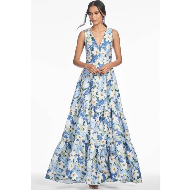 Rori Tiered Floral-Print Mikado Gown - SKY BLUE STAR LILLIES - 10