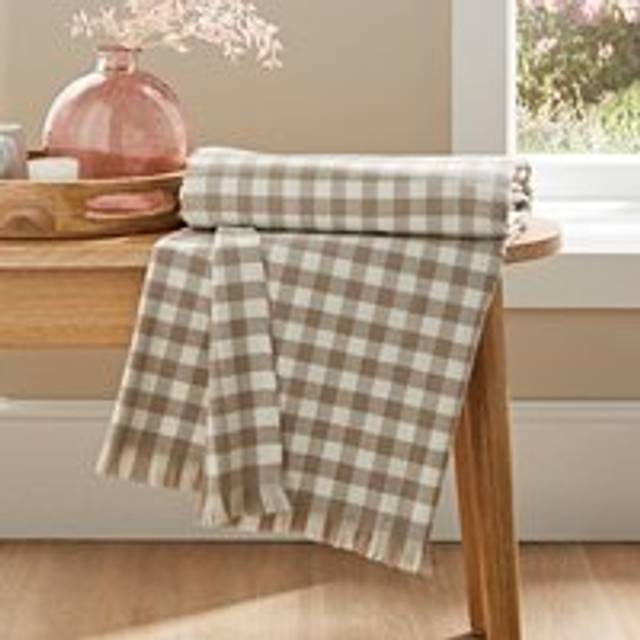 Portloe Gingham Throw Blanket 130cm x 180cm - Warm Stone