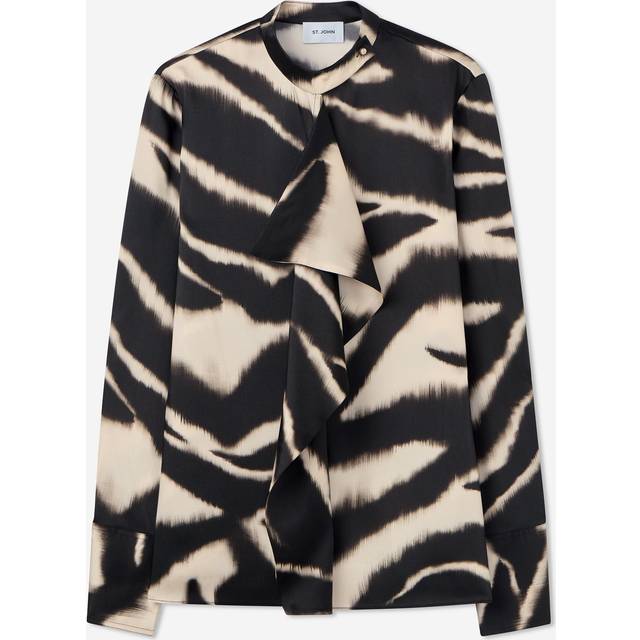 Zebra-Print Ruffle Long-Sleeve Blouse - Black Pattern - X-Small