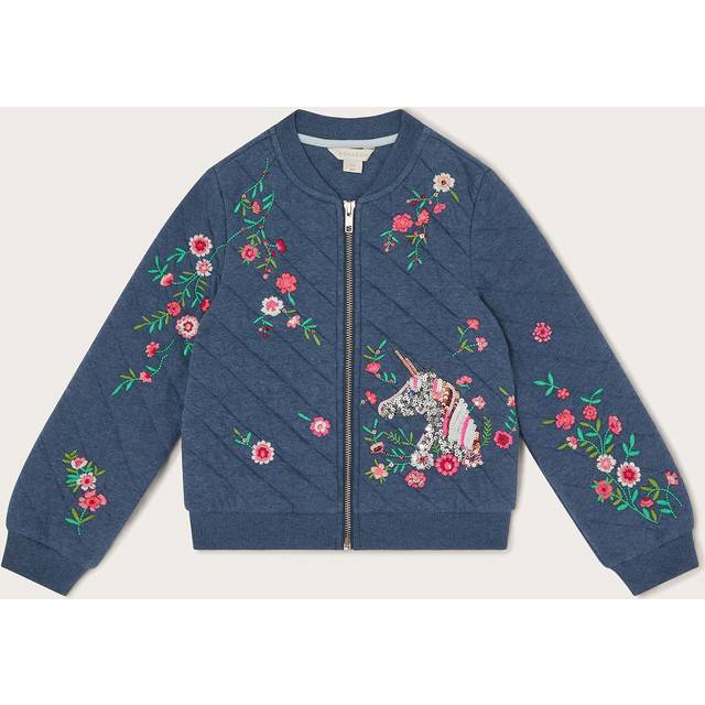 Monsoon Kids' Unicorn & Floral Embroidered Quilted Bomber Jacket, Blue/Multi