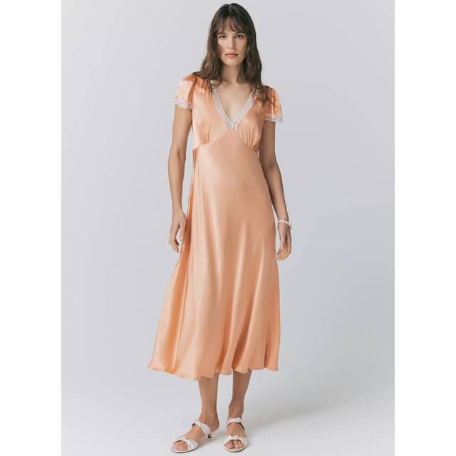 Ghost Lillie Lace Trim Satin Dress - Peach