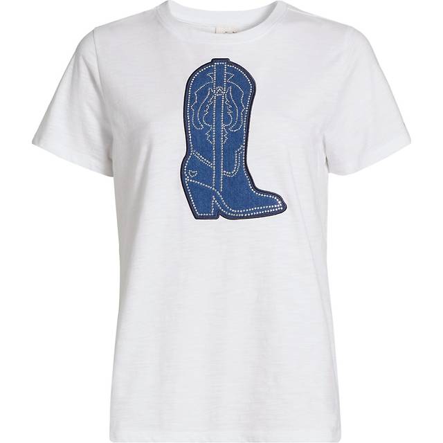 Crewneck Studded Denim Boot Tee - WHITE/INDIGO - Medium