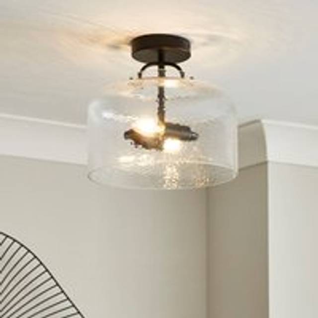 Henri Industrial 2 Light Mottled Glass Semi Flush Ceiling Light - Black