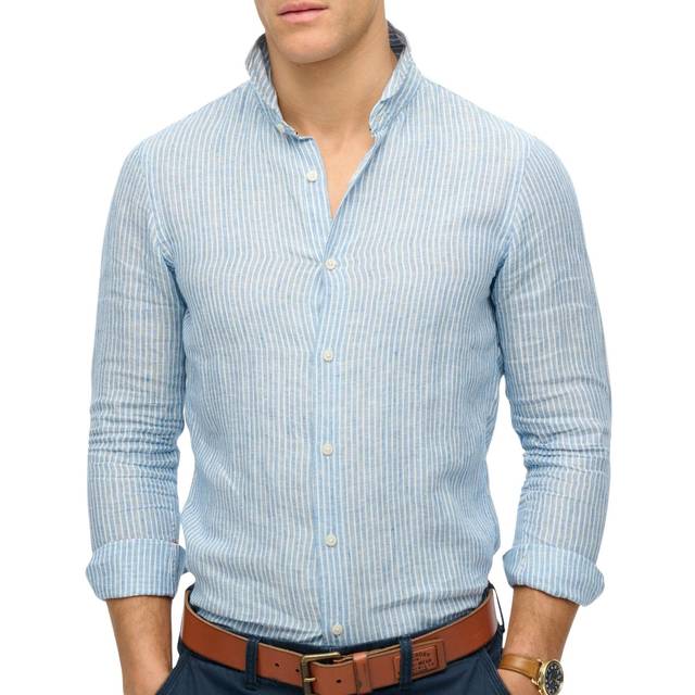 Men's Superdry Men's Vacation Long Sleeve Linen Shirt Azure Blue Stripe - Size: 44/Regular