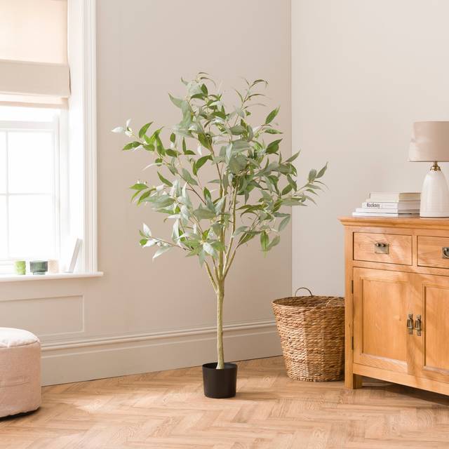 Artificial Blue Gum Tree in Black Plastic Plant Pot - Green