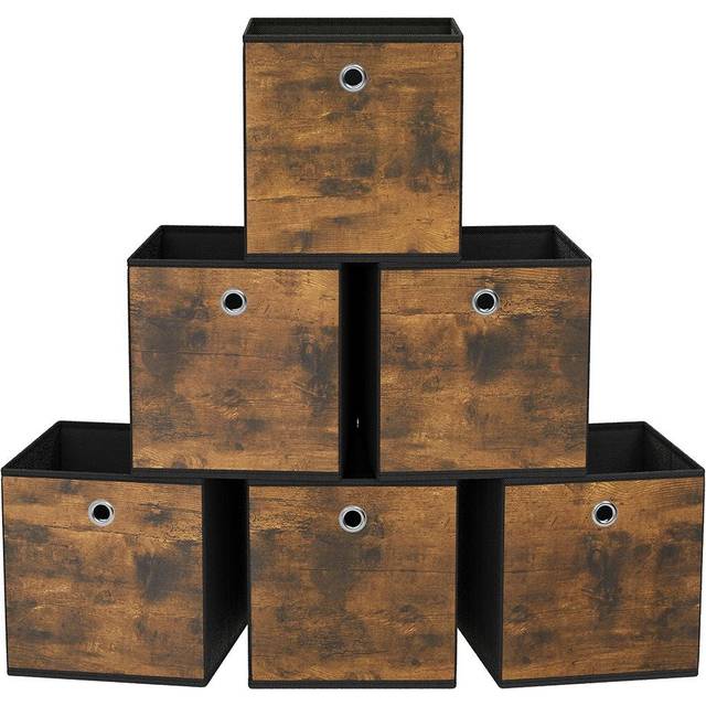 Set of 6 Non-Woven Fabric Box( 33 x 33 x 33 cm) with Handle, Rustic Brown and Black / 33L x 33W x 33H cm