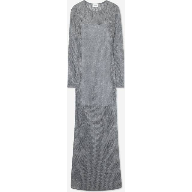 Sequin Mesh Knit Long-Sleeve Gown With Slip - Silver - Small