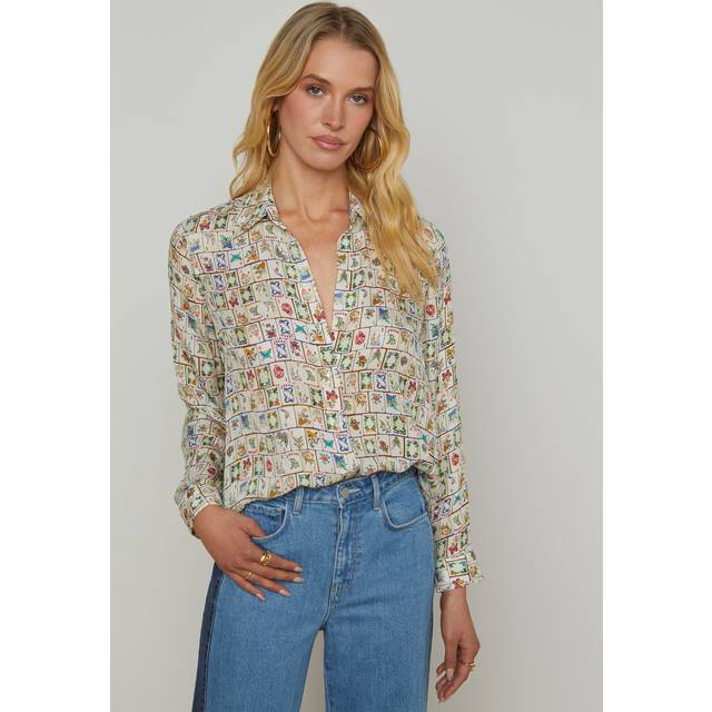 Nina Mahjong Button-Front Silk Blouse - VINTAGE WHITE MULTI MAHJONG - Medium
