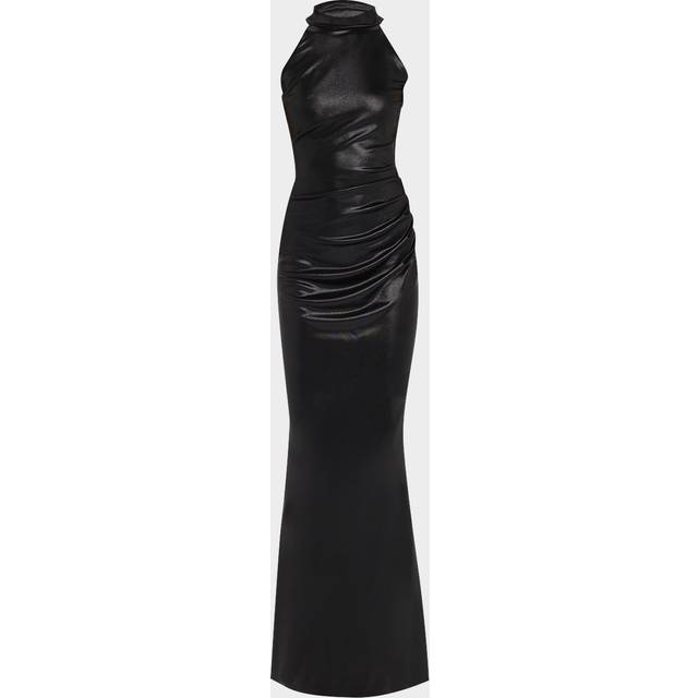 Hudrix Draped Mock-Neck Halter Column Gown - BLACK - 2