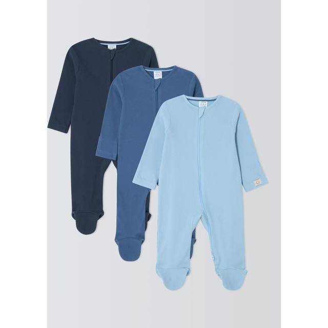 John Lewis Baby Cotton Two Way Zip Ribbed Cotton Sleepsuit, Pack of 3, Blue