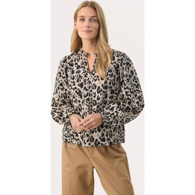 Part Two, Blusar & Skjortor , Dam, S, Neutral Leo Print Långärmad Blus - beige (S)