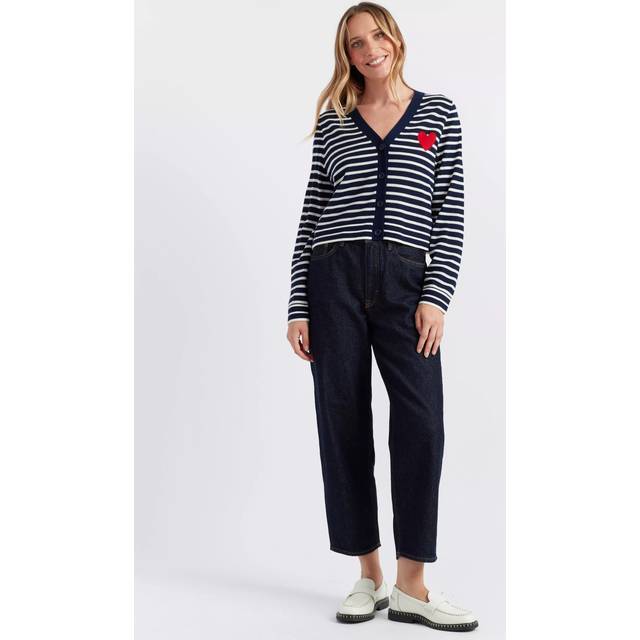 Chinti & Parker Heart Stripe Pure Merino Wool Cardigan, Navy/Cream/True Red