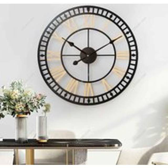 Garden Sanctuary 80Cm Decorative Metal Roman Numeral Skeleton Wall Clock - Black Gold, Black