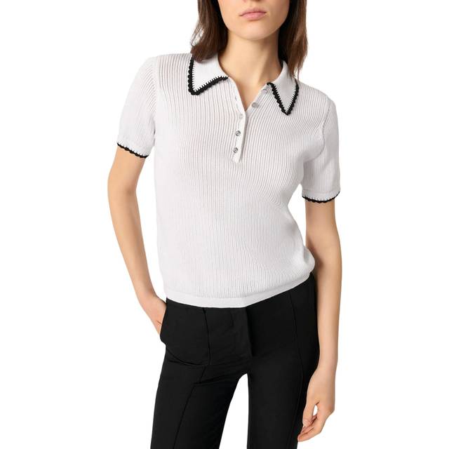 Polo En Maille Pointelle Et Crochet - Blanc - Maje -  Matière principale: 100% cotonCrochet (dentelle): 100% cotonBord-côte: 86% coton, 13% polyester, 1% elasthanne - Prêt-à-porter > Hauts > Pulls