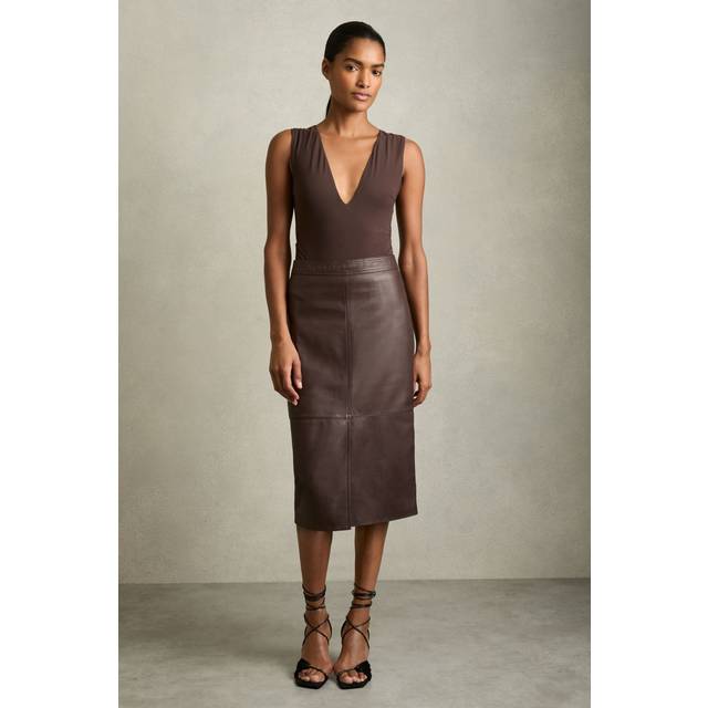 Reiss Miley Leather Midi Skirt, Burgundy