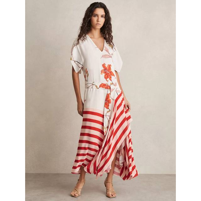 Reiss Alicia Floral Stripe Dress, Ivory/Red