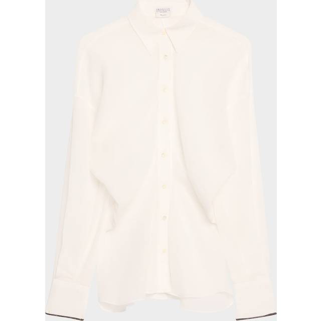 Monili-Cuff Cotton Twill Gauze Slim Blouse - WHITE - Medium