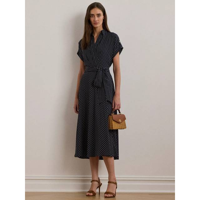 LAUREN RALPH LAUREN Polka-Dot Belted Crepe Dress |Marinblå |34