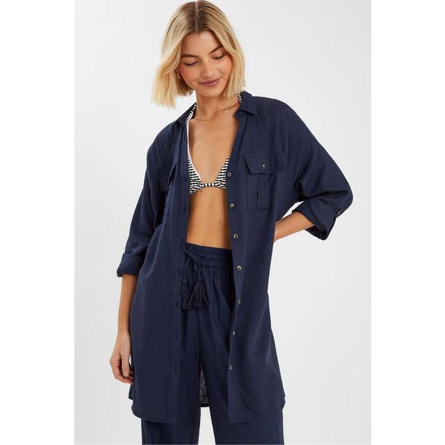 Navy Blue Long Sleeve Beach Cover Up Shirt, Size: XS, Women's - Accessorize - xs
