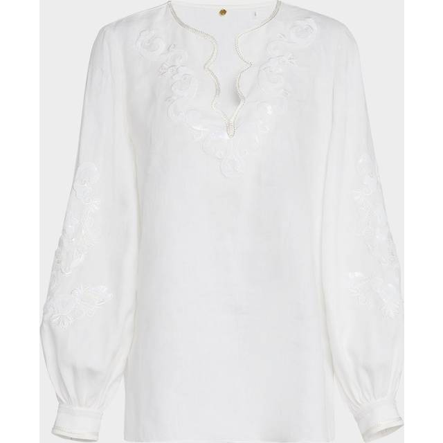 Soraya Sequin Embroidered Linen Blouse - WHITE - X-Small