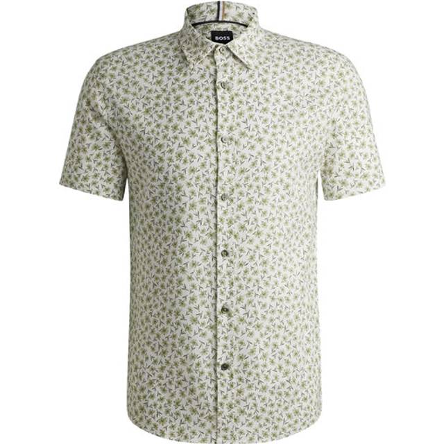Slim-fit shirt in floral-print stretch linen - Green Patterned