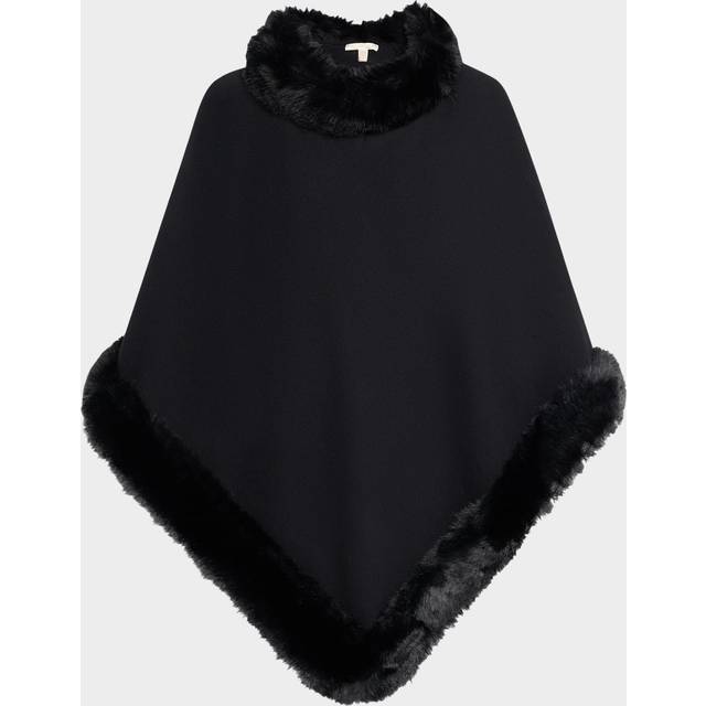 The Penny Poncho W/ Faux Fur Trim - JET BLACK