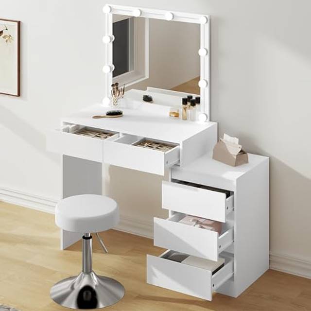 WOLTU Sminkbord med spegel och pall, dimbar LED-belysning, höjdjusterbar pall, sminkstation med 5 lådor, byrå, sminkbord vit, MB6116ws
