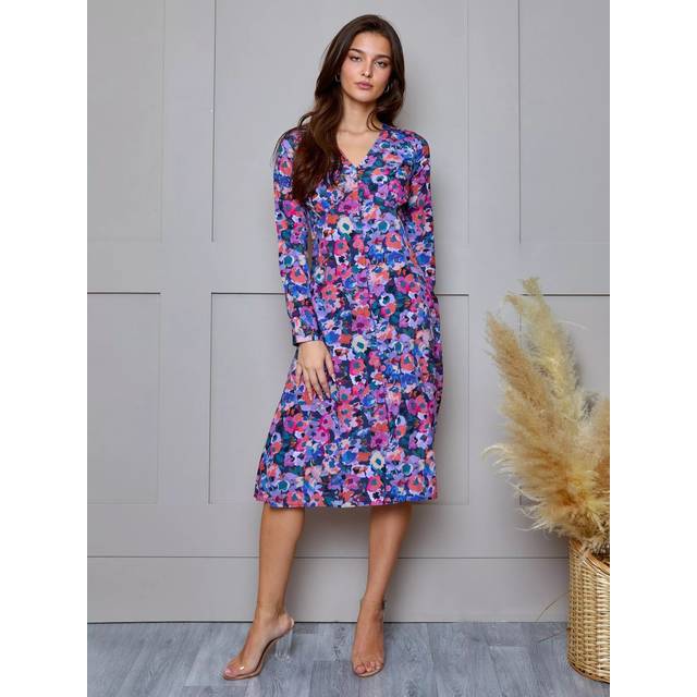 Floral Printed Button Front Satin Midi Dress in Multi - 6