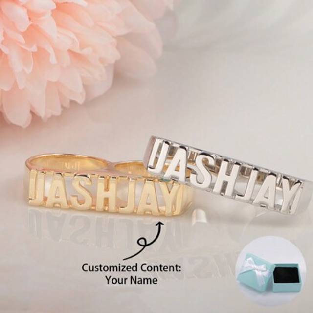 SHEIN Custom Personalized Name Euro-American Style Rapper Double Finger Ring For Father&#39;s Day, Mother&#39;s Day, Valentine&#39;s Day, Birthday, Anniversary, Friend,