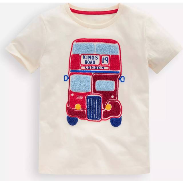 Mini Boden Kids' Cotton Chain Stitch T- Shirt, Soft Ivory Bus