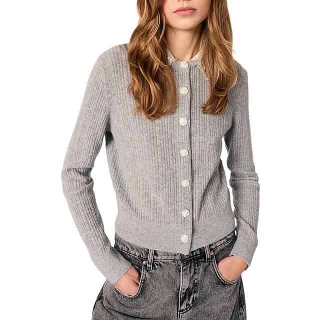 Cardigan À Col Bijoux Amovible - Gris - Maje -  Matière principale: 97% laine, 3% cachemireEncolure: 85% laine, 12% polyamide, 2% cachemire, 1% elasthanneCol amovible: 52% coton, 25% polyamide, 23% polyester - Prêt-à-porter > Hauts > Cardigans