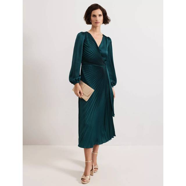 Phase Eight Petite Gracie Sunray Pleated Midi Dress, Dark Green