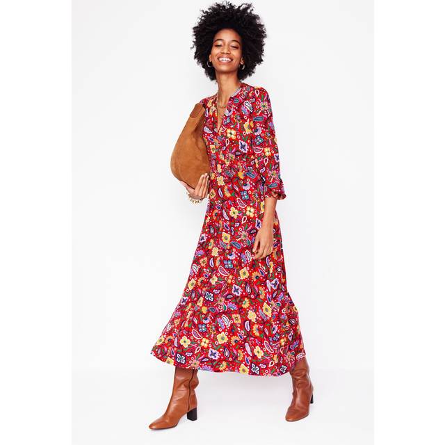 Boden Ivy Paisley Floral Smock Midi Dress, Poppy Red/Multi