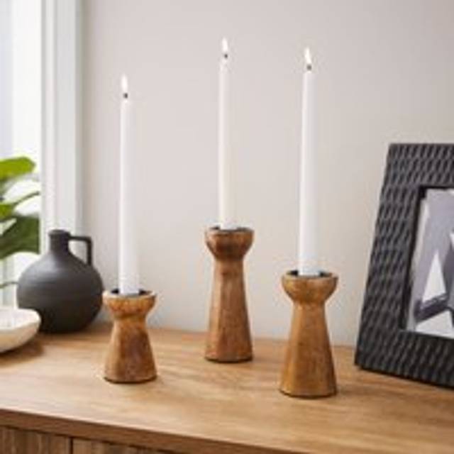 Set of 3 Mango Wood Candle Holders - Natural